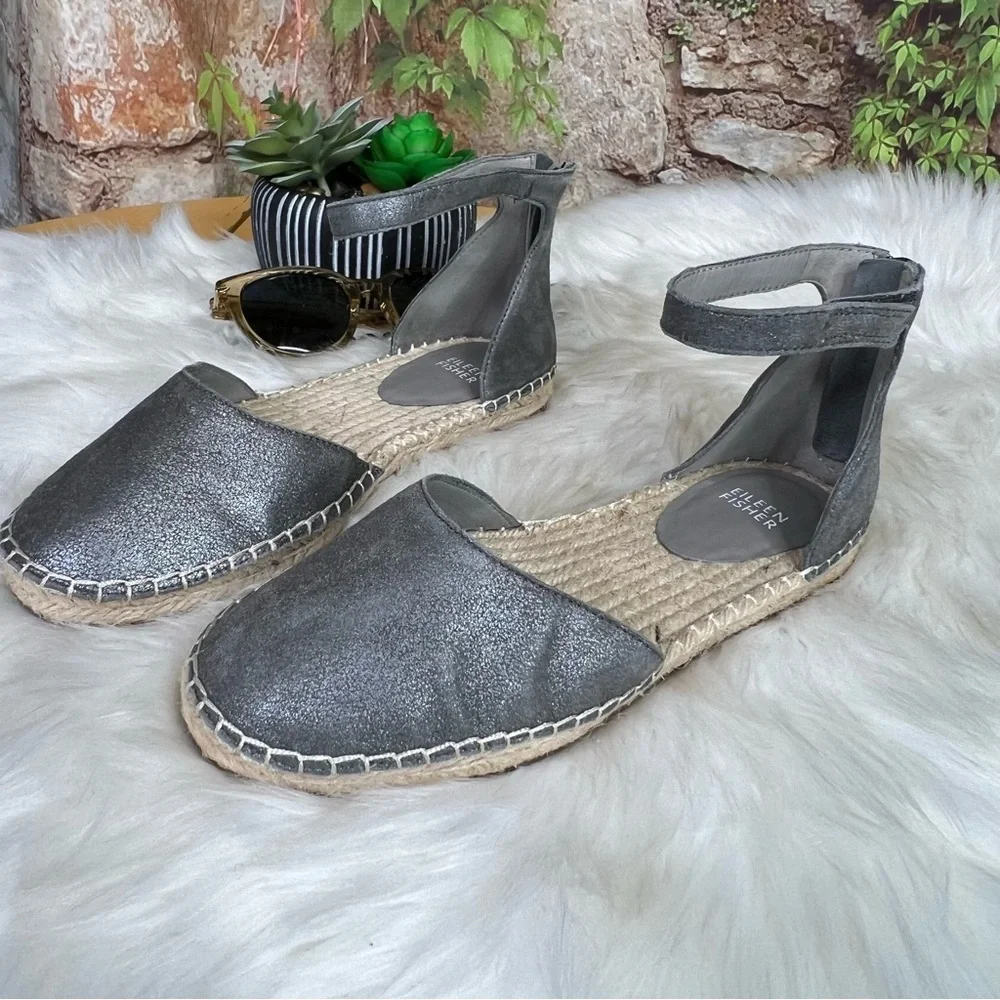 EILEEN FISHER Coastal Luxury Nubuck Gray Ankle-Strap Espadrilles, 7.5
